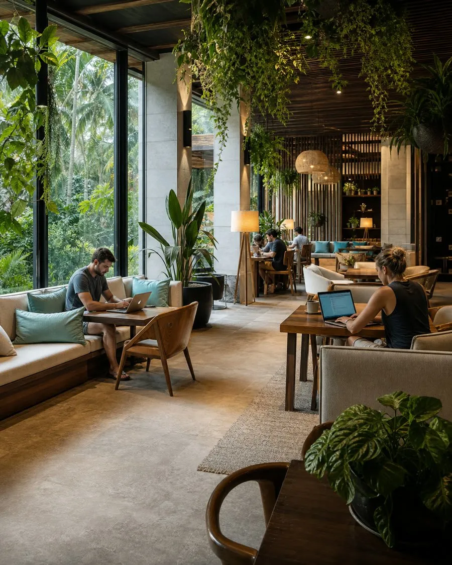 Coworking workspace — residents at desks in natural light